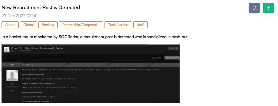 On 23 December, SOCRadar Dark Web researchers detected a post about recruiting a partner