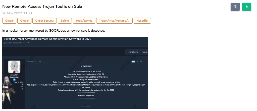 A SOCRadar Dark Web Researcher has found an updated version of the S-500 remote access
