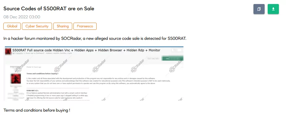 SOCRadar has found a source code sale related to S500 Remote Access Tool (RAT). A threat