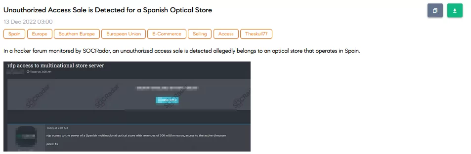 On 13 December, the SOCRadar Dark Web team found a forum post about unauthorized RDP