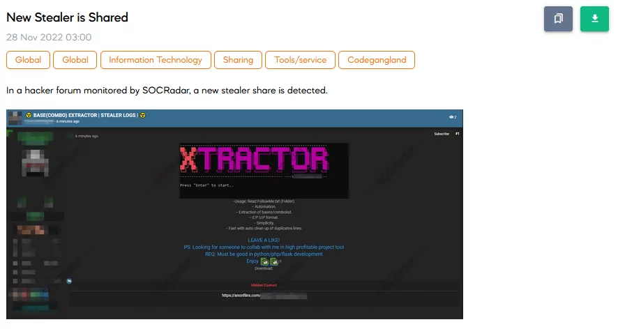 On 28 November, the SOCRadar Dark Web team detected a post on the dark web that shares