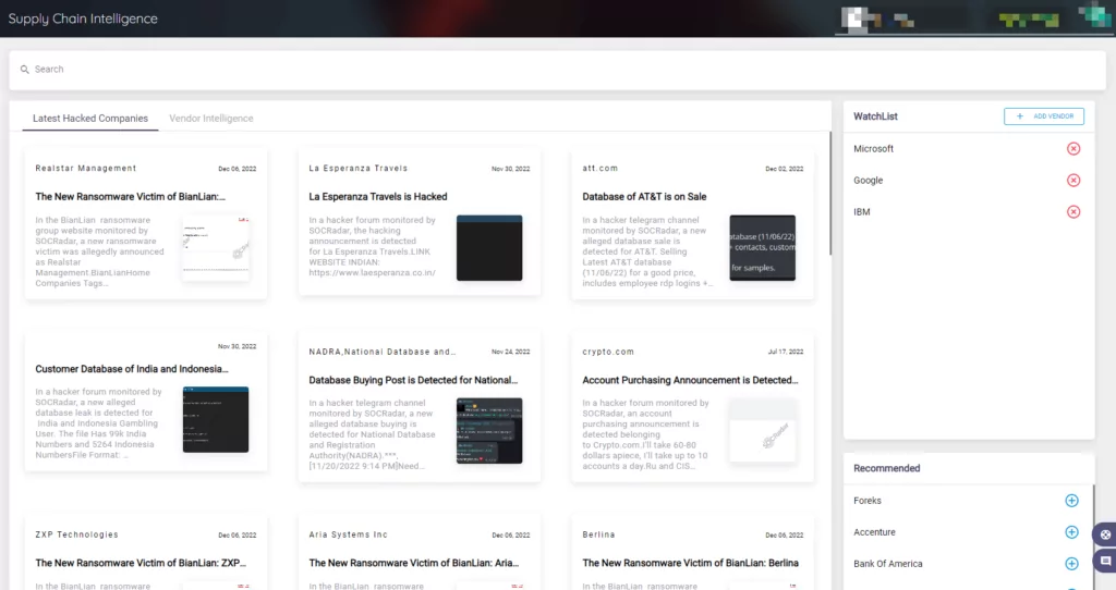 You can gather relevant intelligence about your vendors on the SOCRadar Supply Chain Intelligence section