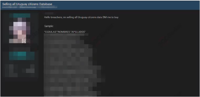 In a hacker forum, SOCRadar detected a new alleged Uruguayan citizens' database sale.