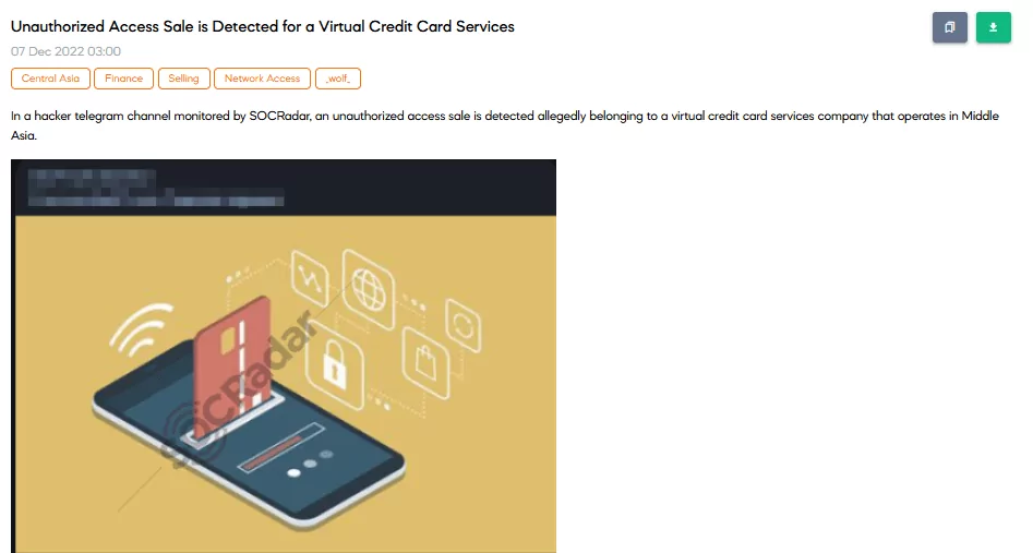 SOCRadar Dark Web Researchers found a sales post that offers a database of a Virtual Card