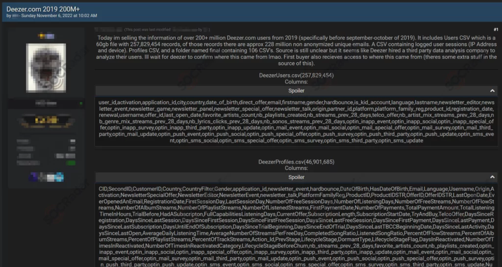 A dark web post about Deezer breach (Source: SOCRadar)