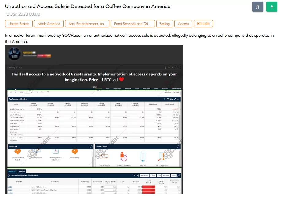 On 16 January, SOCRadar found an unauthorized access sale about an American coffee