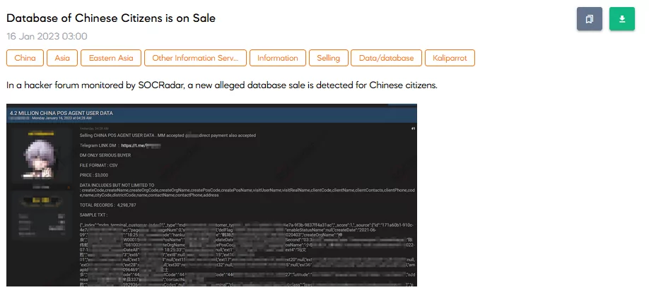On 16 January, a SOCRadar dark web researcher found a post that vendors Chinese citizens’