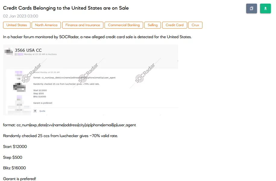 On 2 January, SOCRadar dark Web researchers detected a post that auctions credit card