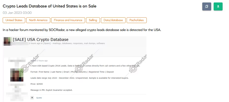 SOCRadar dark web researchers have detected a post that sells 291K+ crypto leads which