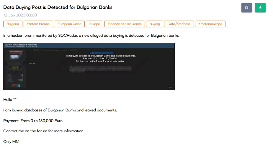 On 12 January, SOCRadar Dark Web Team detected multiple posts targeting Bulgarian