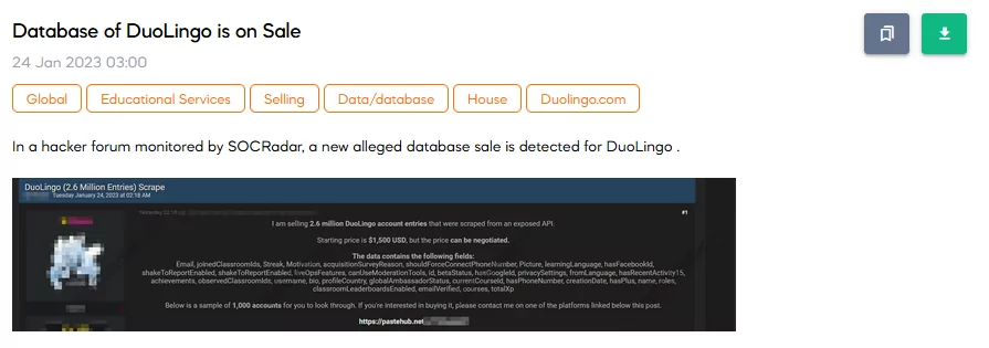 SOCRadar has detected a post that sells a database related to a popular mobile