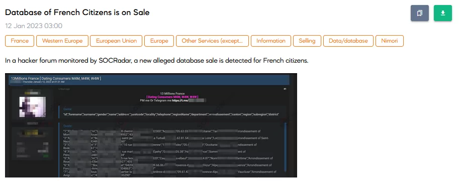 On 12 January, a SOCRadar dark web researcher detected a post selling a French Citizens