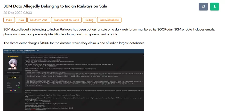On 29 December SOCRadar Dark Web Team noticed a database sale of Indian Railways