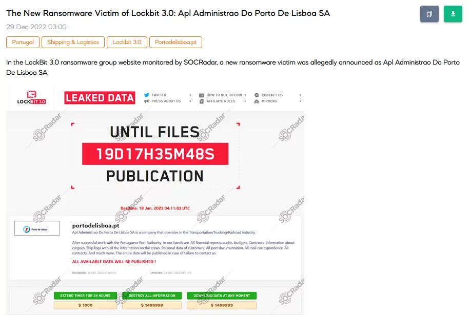On 29 December, SOCRadar detected a new ransomware announcement that the Port of Lisbon,