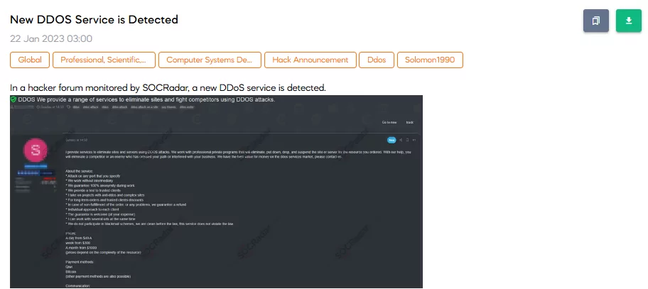 SOCRadar has noticed a post related to selling a new DDoS service. The threat actor