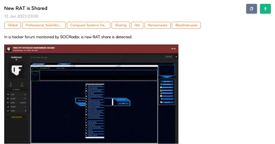 On 12 January, Verci Remote Access Tool (RAT) post was detected by SOCRadar. It is
