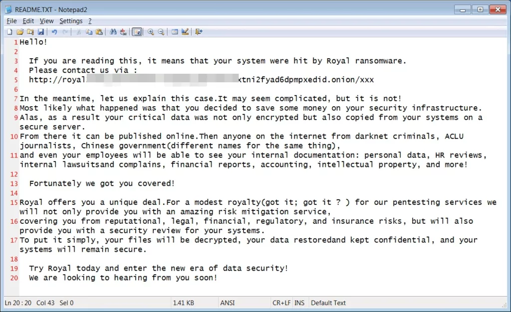 Royal’s Ransom note (Source: BleepingComputer)