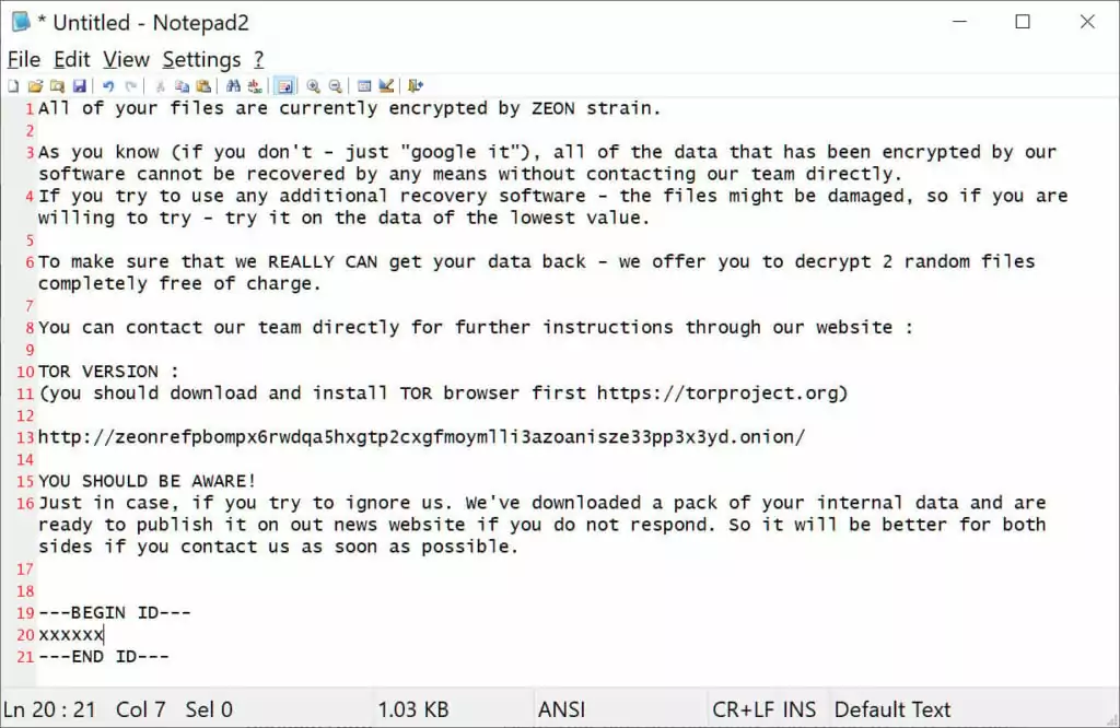 Zeon ransom note (Source: BleepingComputer)