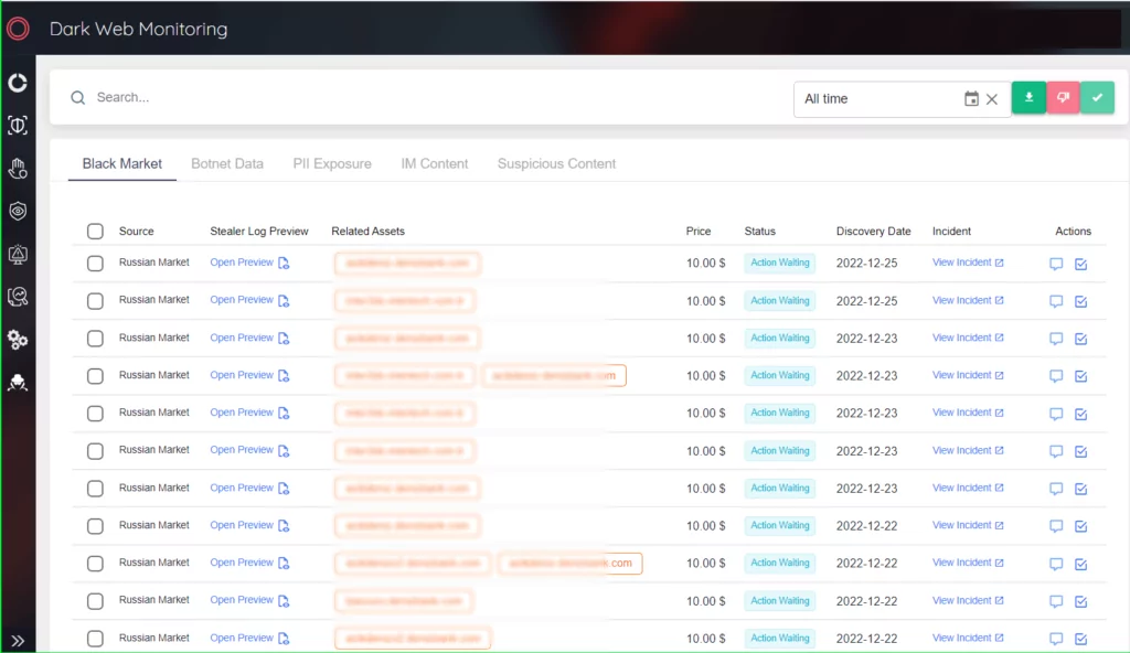 SOCRadar XTI Platform Dark Web Monitoring module, Stealer logs