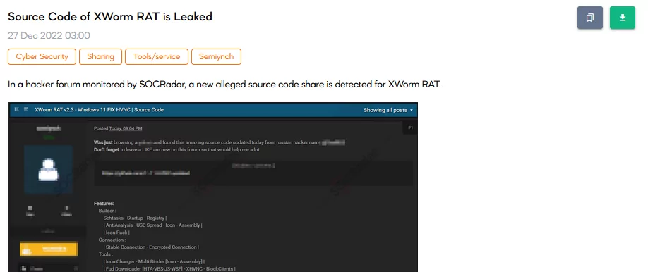 On 27 December, the SOCRadar Dark Web team detected a source code leak belonging to XWorm