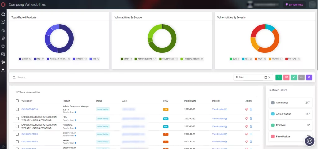 Company Vulnerabilities page on SOCRadar ASM