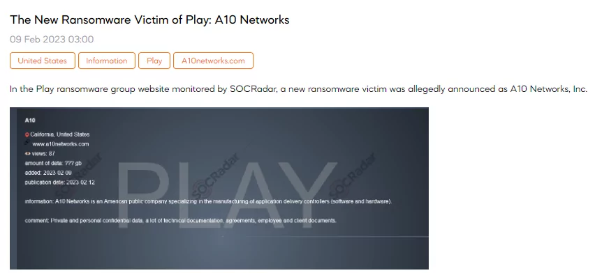 SOCRadar found a new post about A10 Network on the website belonging to the