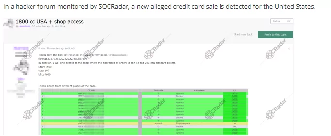 SOCRadar detected a post selling credit card credentials of US citizens. The threat actor