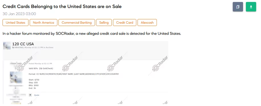 SOCRadar detected a post that sells credit card credentials of US citizens. It is claimed