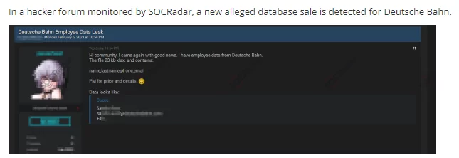 On February 6, a SOCRadar dark web researcher detected a post selling a Deutsche Bahn