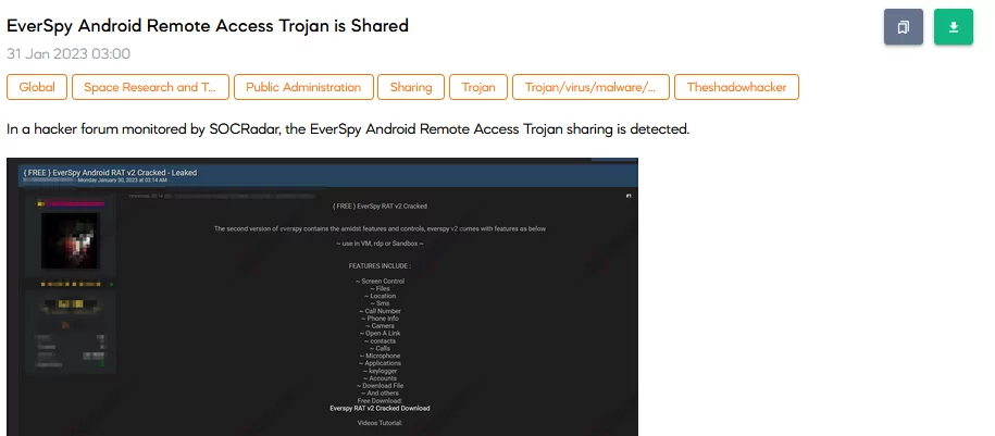 SOCRadar detected a post on a dark web forum that shared a cracked version of EverSpy v2,