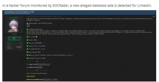 On February 6, SOCRadar detected a post selling the LinkedIn database. The threat actor