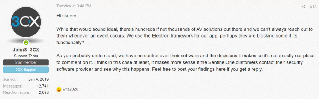 A response from the 3CX support team about the incident being false positive (Source: 3CX)