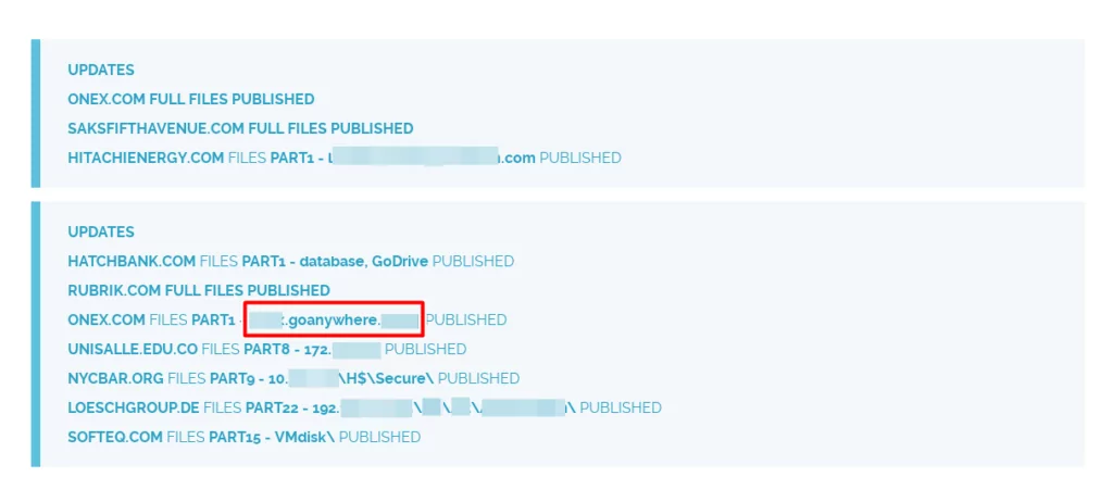 A domain showing that Clop exploits CVE-2023-0669 vulnerability in the updates section of its onion site.