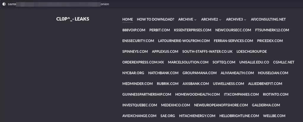 The main page of Clop ransomware leak site