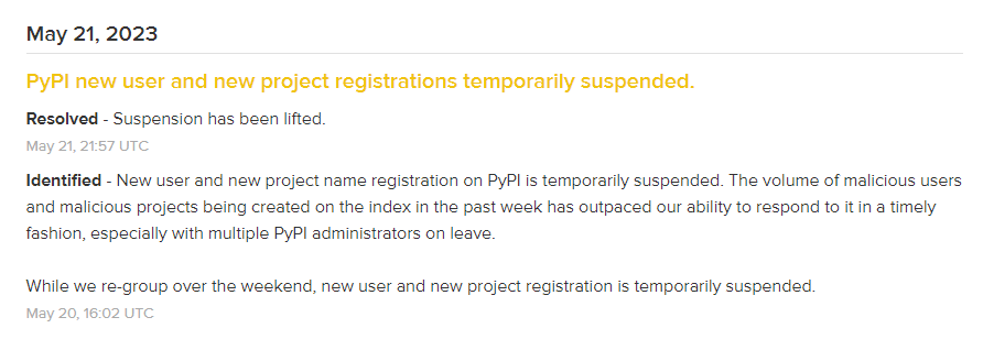PyPI's status update about malicious packages