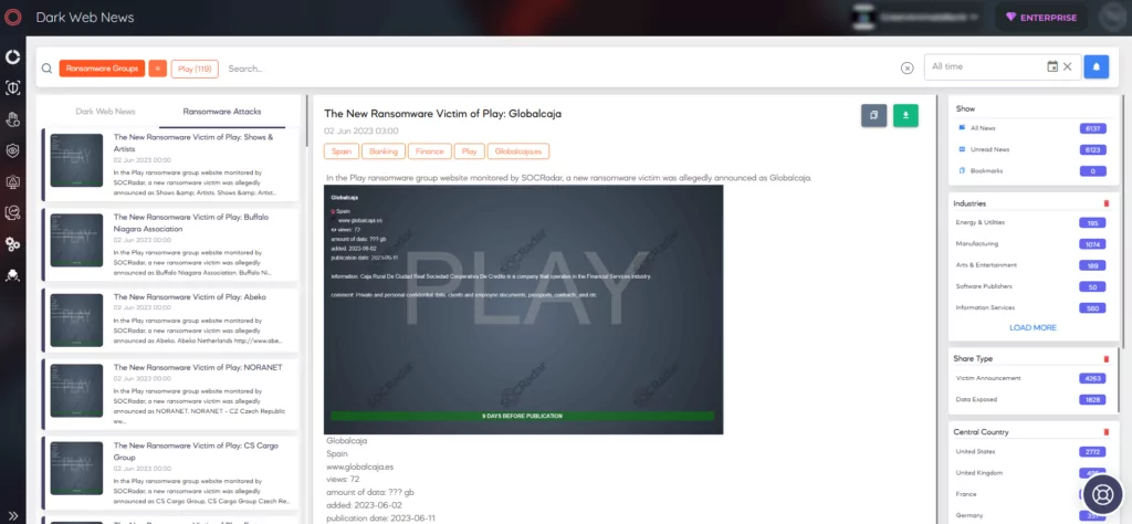 Latest updates regarding Play Ransomware (Source: SOCRadar Dark Web News)
