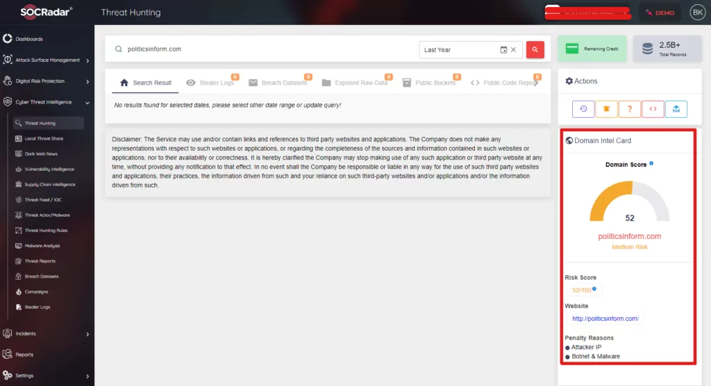 SOCRadar Threat Hunting tab