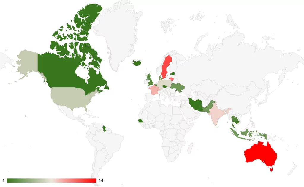 A Visual Representation of DDoS Attacks Targeting the Aviation Industry in 2023 H1, Based on Attack Counts in Affected Countries 