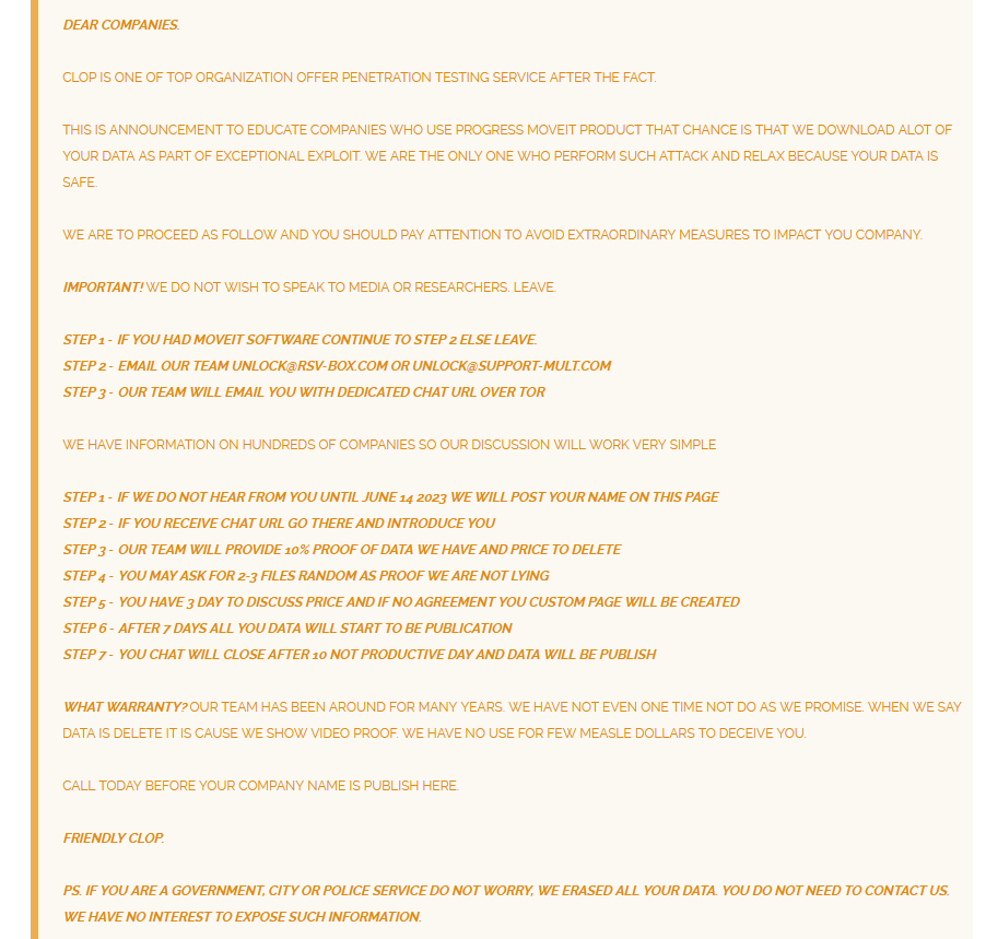 Announcement post of Clop Ransomware 