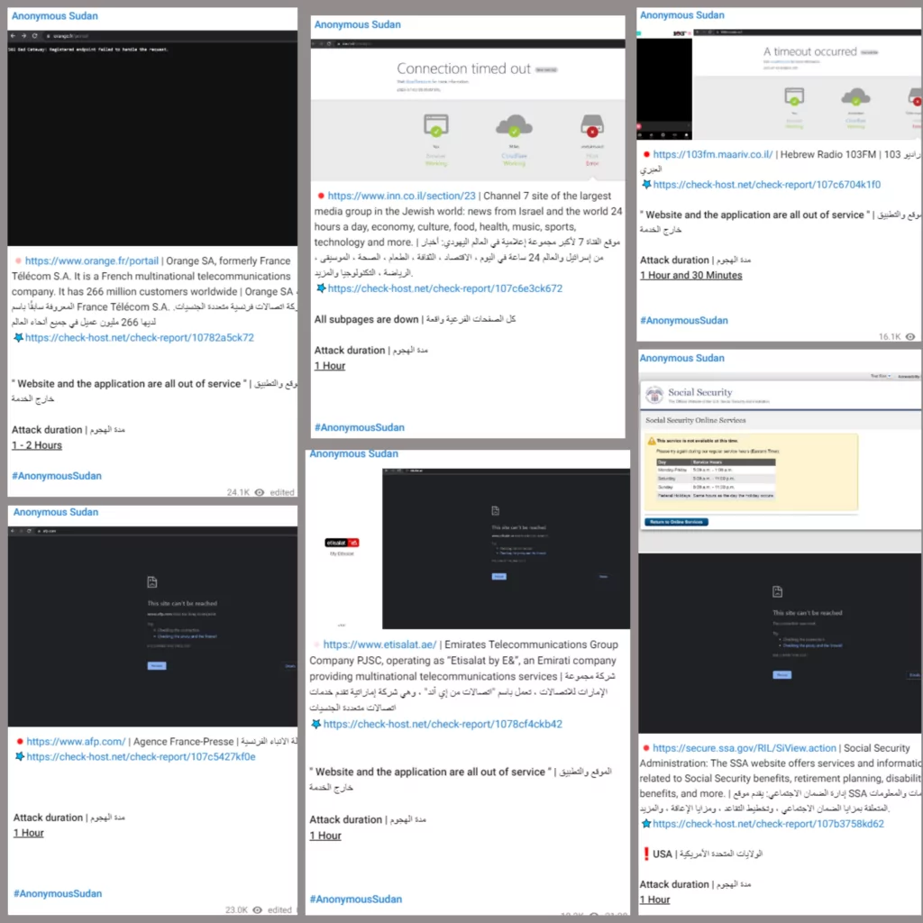 Cyber attack announcements on Anonymous Sudan’s Telegram channel.