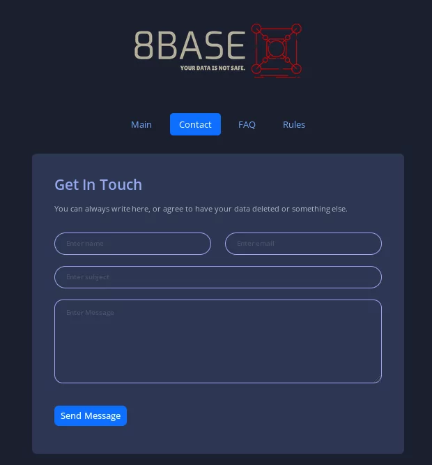 Contact Page of 8Base Ransomware’s Tor Site
