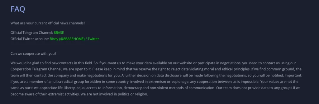 Head of 8Base Ransomware TOR site FAQ Page