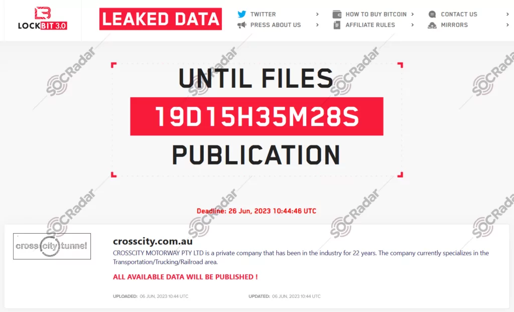 Lockbit 3.0 new ransomware victim: Crosscity Motorway, Australian