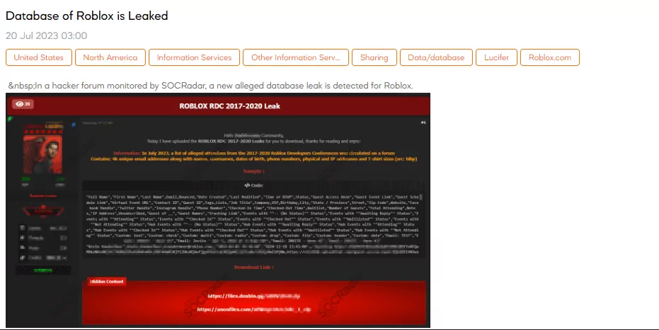 On July 20, the SOCRadar Dark Web Team discovered a post claiming to leak sensitive data