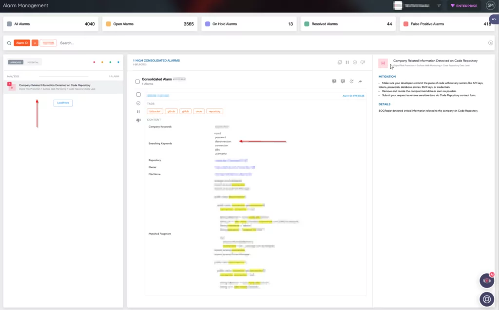 Receive alarms about code repositories on SOCRadar