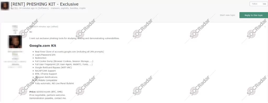 Phishing kit sale detected on a dark web forum (Source: SOCRadar)