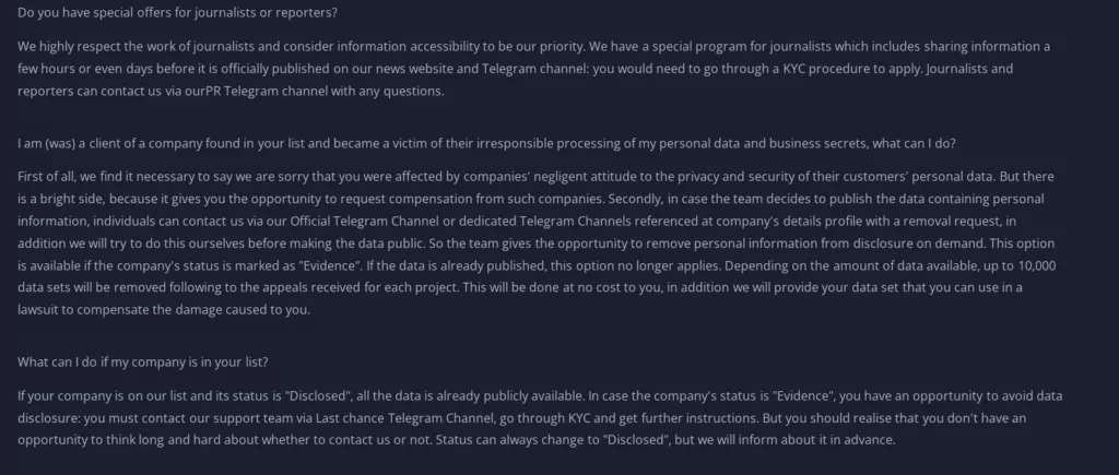 The remaining part of 8Base Ransomware TOR site’s FAQ Page