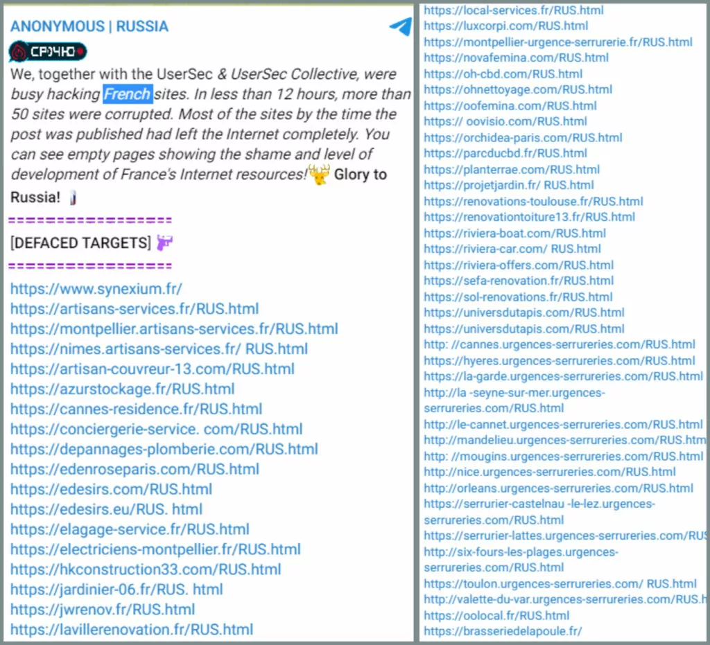 Anonymous Russia’s Telegram message about 50 French websites that they hacked with UserSec.