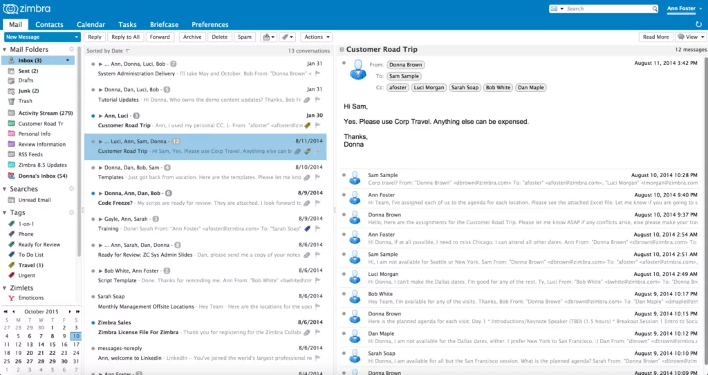 Screenshot of Zimbra Inbox