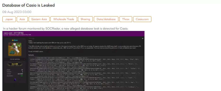 Casio Database Leak